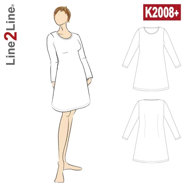 Line2Line Snitmønster K2208+, T-Shirt Kjole med vidde, PLUS