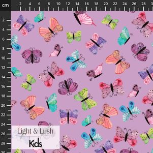 Bomuldspoplin m/kulørte sommerfugle, "Light & Lush Kids poplin Spring" Bomuldspoplin m/kulørte sommerfugle, "Light & Lush Kids poplin Spring"
