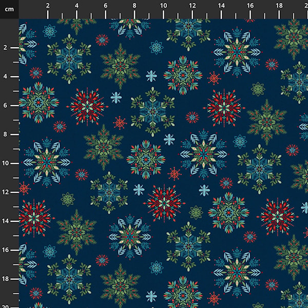 "Nordic Holiday Village, Dark blue snowflakes" by Mary Jane
