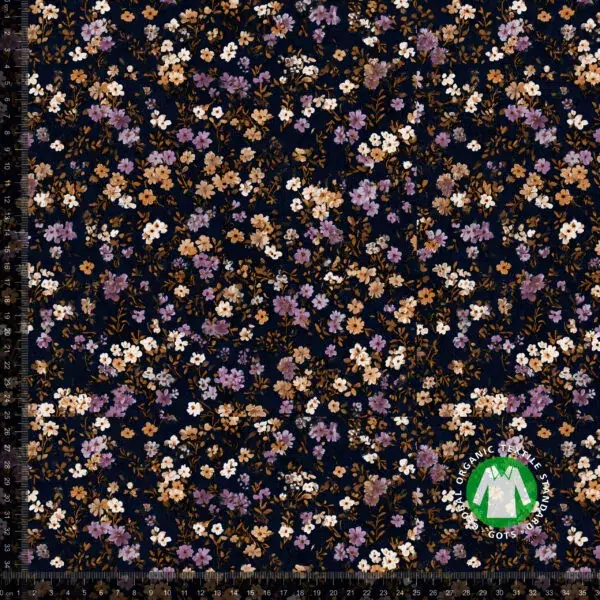 BOMULDSJERSEY M/SMÅ BLOMSTER, MØRK BUND